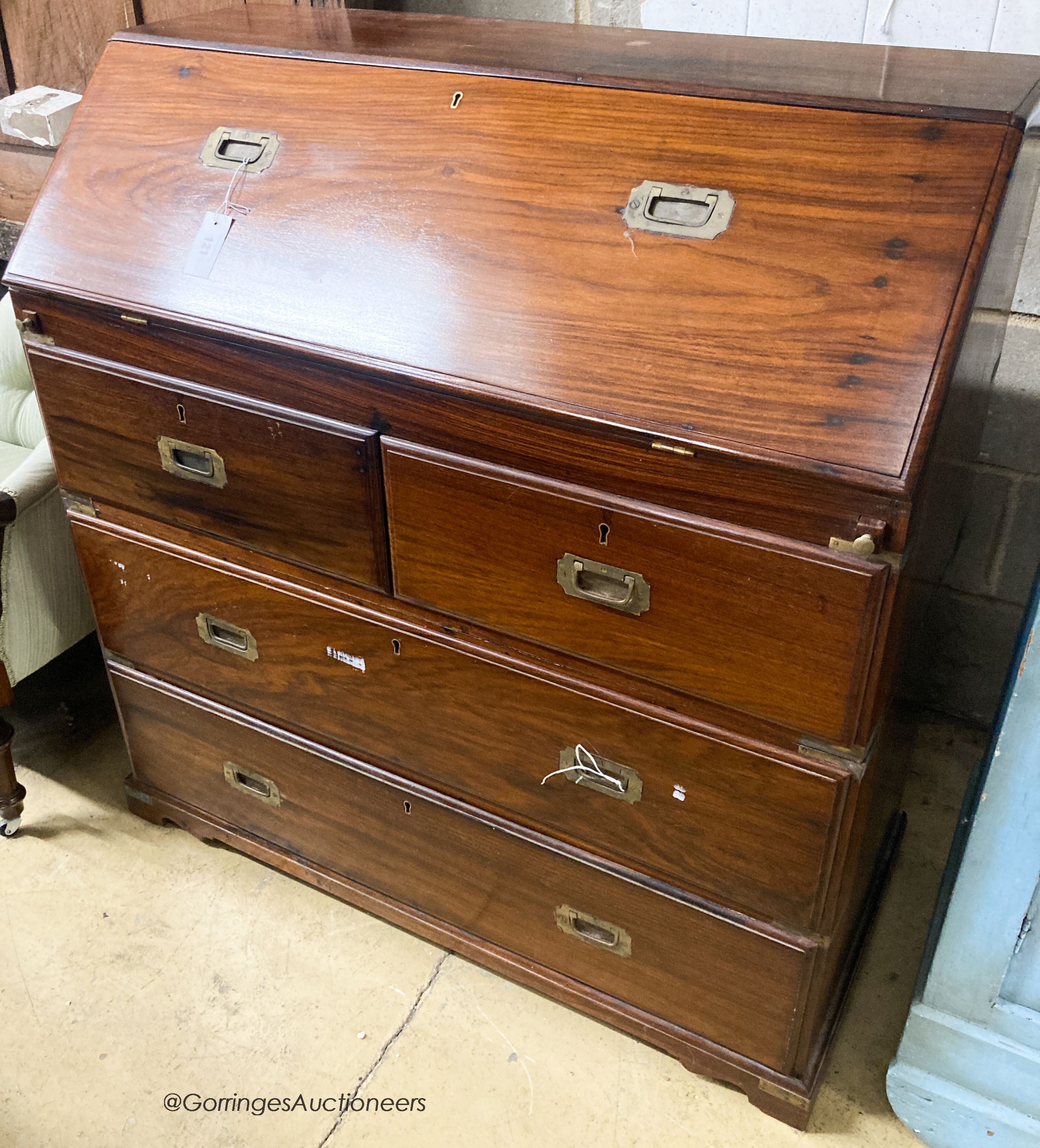 An early 20th century Anglo Indian rosewood campaign style two part bureau with brass recessed handles, width 100cm, depth 46cm, height 106cm